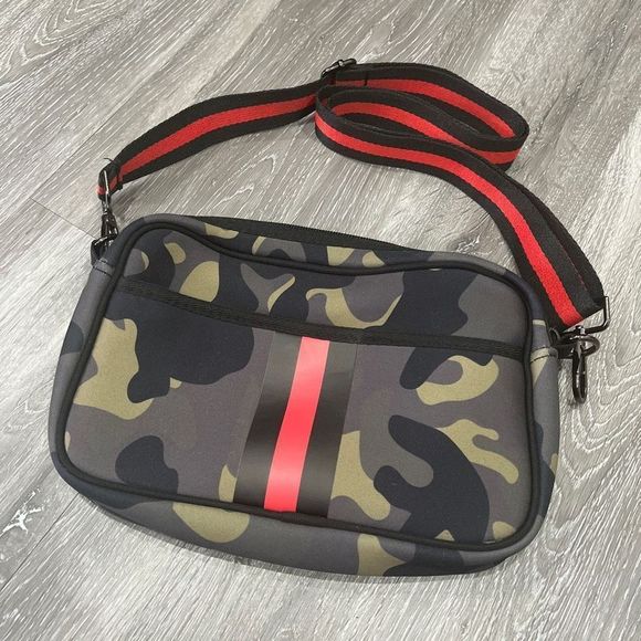 Hadley Neoprene Crossbody Camo Neoprene Fabric Black Red Crossbody Strap - Picture 2 of 8